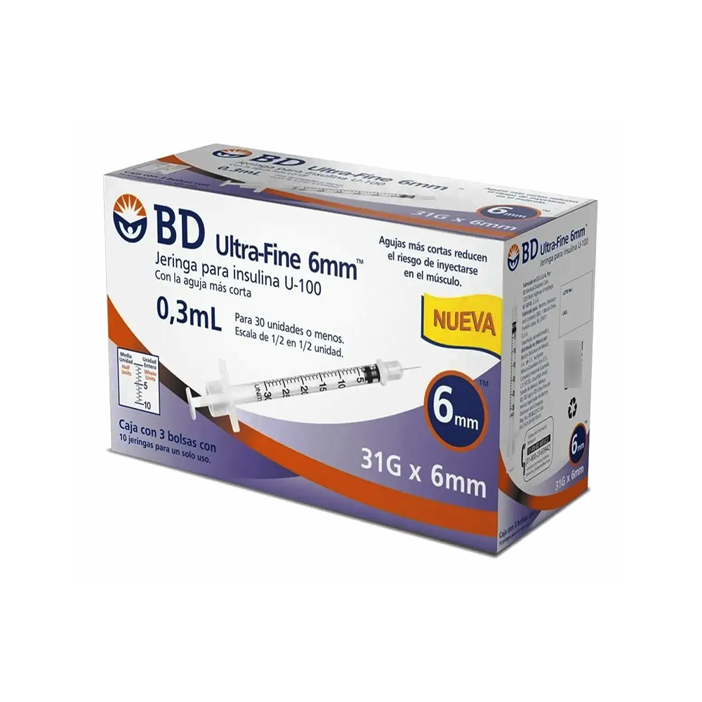 Jeringas para insulina marca BD Ultra-Fine 0.3ml 31gx6mm, con 30 piezas