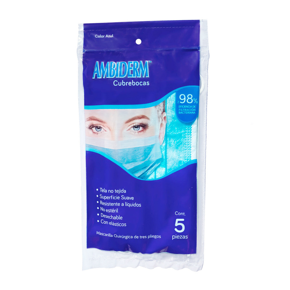 Cubrebocas tricapa, en color azul, ahora disponible en bolsa con 5 piezas. Veli Medical, distribuidor autorizado.