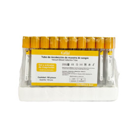 Tubo de recolección de muestra de sangre, gel y activador de coagulacion, 13x100 mm, 6 ml, disponible en Veli Medical.